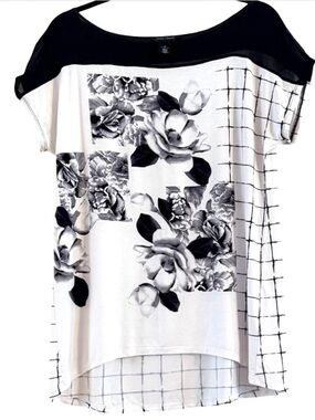 WHBM Black White Floral Grid Mesh Accent Hi-Lo Top Size L
